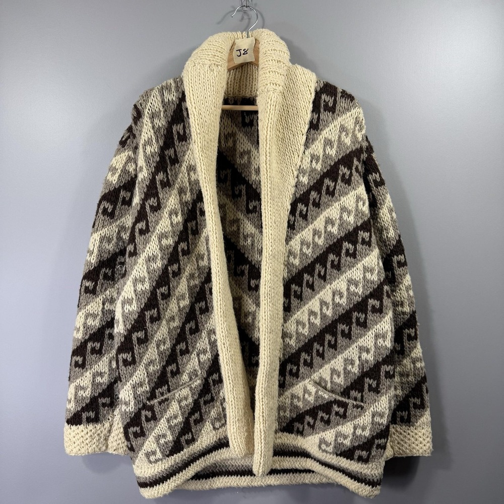 Vintage 80's 90's Cardigan Sweater Womens M White Brown Wool Chunky Knit